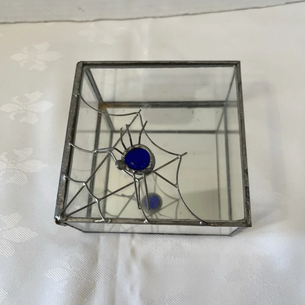Gothic Trinket Box Blue Spider And Solder Web Mirror Glass Deco